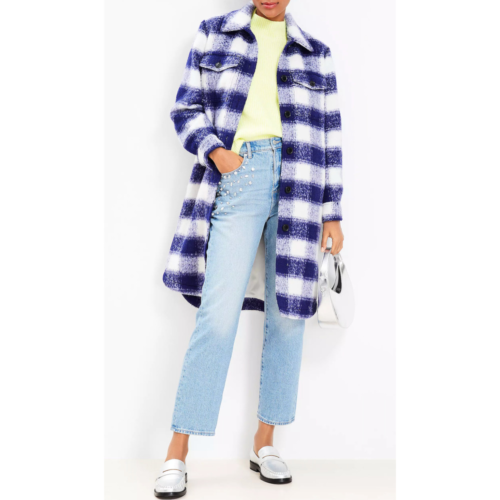 NEW ANN TAYLOR LOFT BLUE WHITE BRUSHED LONG SHIRT JACKET SHACKET PLAID SZ L
